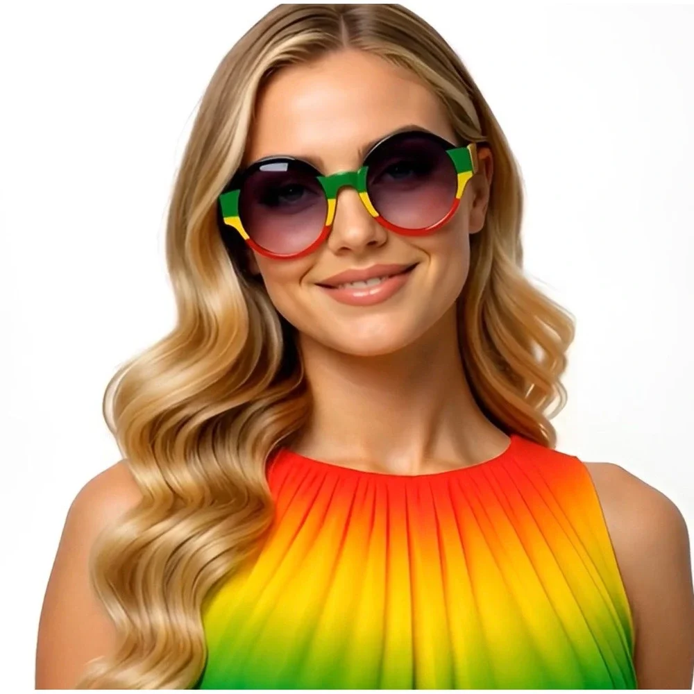 Rasta Sunglasses Round Frame Reggae Colors Funky Fashion Shades Women Retro‎ New